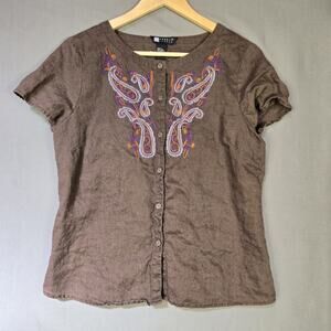 Carol Little 100% Linen Purple Paisley Floral Embroidered Button Up Top Size L